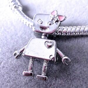 Silver Bella Bot Girl Robot Charm with Pink Bow fits PANDORA